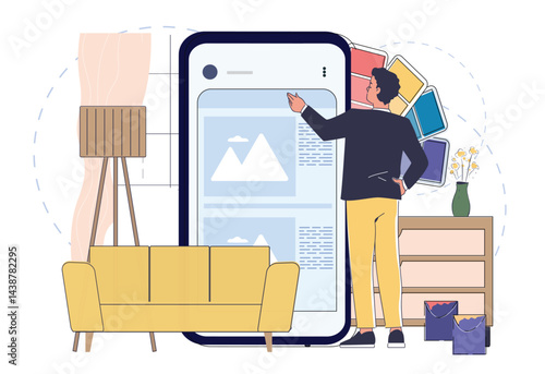 Interior designer online. Man with smartphone choosing furniture for room. Furnishing and renovation. Designer with colors palette and yellow sofa. Linear vector illustration