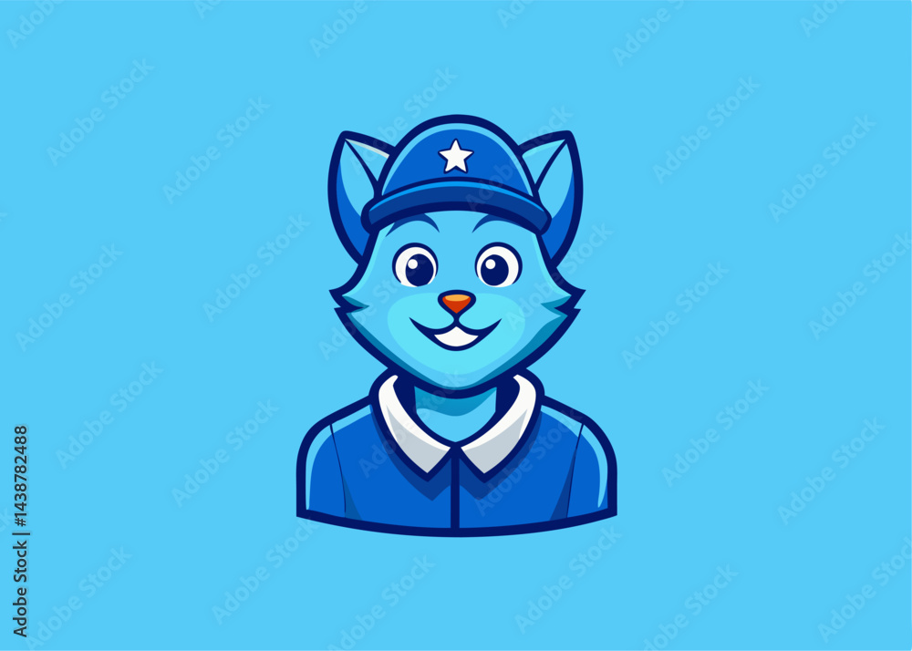 Fototapeta premium Blue Cat Police Officer Mascot: A friendly, blue cat mascot wearing a police officer's hat and uniform, perfect for children's safety campaigns or playful branding.