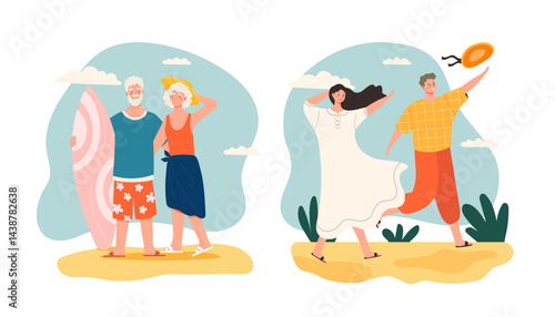 Old and young couple at beach. Seniors and young pair on coastline. Romantic dating. Pensioners versus youth. Love and romance. Holiday and vacation. Flat vector illustration