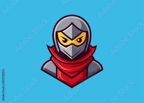 Silent Shadow: A stylized ninja with an inscrutable gaze, enveloped in a red scarf, epitomizes stealth and mystery against a cool azure backdrop.