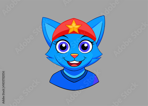 Superhero Blue Cat's Portrait: A vibrant, captivating illustration of a cheerful, confident blue cat donning a superhero costume with a bright red cap adorned with a golden star.