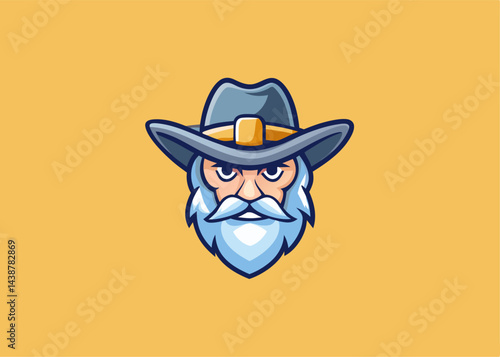Grizzled prospector: A stylized illustration of a grizzled prospector with a long white beard, wearing a wide-brimmed hat. Perfect for branding or logo design.