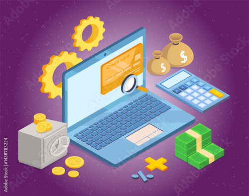 Banking financial isometric. Laptop near calculator and banknotes, safe. Cashless transfers and transactions. Electronic commerce and marketing. Isometric vector illustration