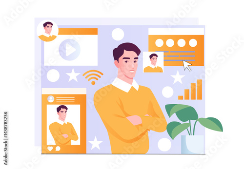 Blog promotion. Man near posts and articles. Marketer promotes content on Internet and social networks. Advertising and marketing online. Flat vector illustration