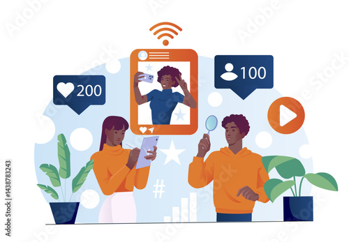 Couple of bloggers. Man and woman create posts for social networks. Team of content creators with loupe and smartphone. Marketing on internet. Flat vector illustration