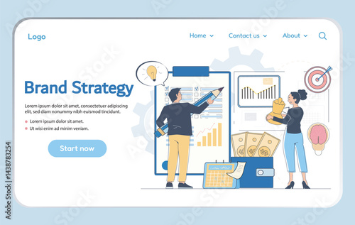 Brand strategy landing page. Man with pencil and woman near charts and graphs, wallet with money. Marketing and advertising. Poster or banner for website. Linear vector illustration