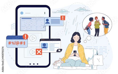 Woman suffer from cyberbullying. Young girl with smartphone in hands read negative comments. Harassment in social networks. Negative feelings and emotions. Linear vector illustration