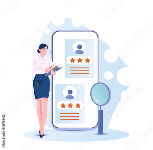 Online hr manager. Businesswoman near smartphone with rankings and ratings. Headhunting and recruitment. Boss evaluates candidates for vacancy. Flat vector illustration