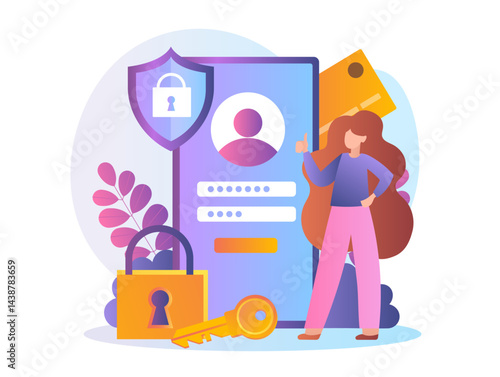 Personal data security. Woman near smartphone enters password and login. Internet security, protection from viruses and hacker attacks. Firewall and antivirus. Flat vector illustration
