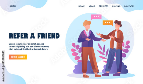 Refer friend landing page. Two man communicate with each other. Marketing and promotion. Discussion and conversation. Poster or banner for website. Flat vector illustration