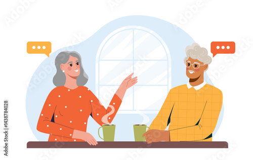 Senior couple drink tea. Old man and woman talking at kitchen. Love and romance, good family relations. Elderly pair spending time together. Flat vector illustration