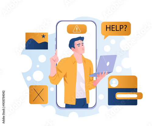Online website support. Man with laptop on smartphone screen. FAQ and answers to frequently asked questions. Technical support and consultation. Flat vector illustration
