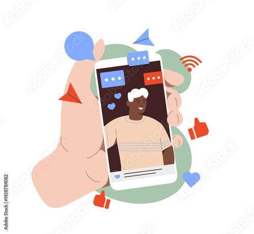 Post in social media. Hand with smartphone with photo of young guy. Interesting content in social networks. Popular blogger and influencer. Reactions and comments. Flat vector illustration