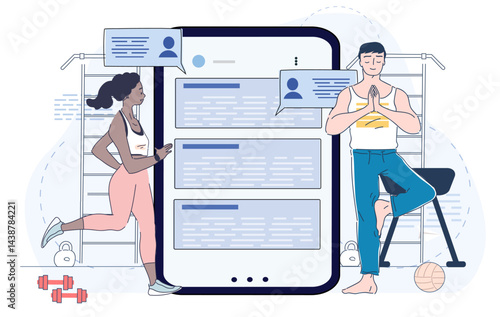 Sport forum online. Woman and man training indoors. Active lifestyle and fitness, workout. Bodybuilder and athlete. Online course and master class. Linear vector illustration