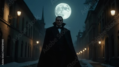 Count Dracula stands in the eerie glow of the full moon