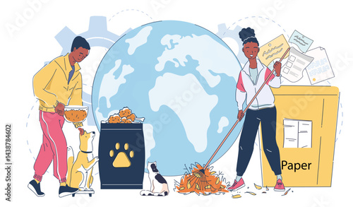Volunteers clean up trash. Man and woman clean up trash and feed dog. Help and support, charity. Care about ecology and environment, conservation. Linear vector illustration
