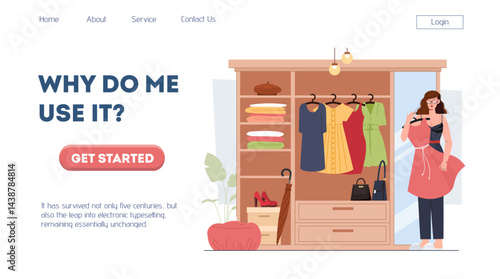 Woman choosing dress landing page. Young girl in wardrobe choosing trendy outfit. Fashion, trend and style. Hangers with dresses. Poster or banner for website. Flat vector illustration