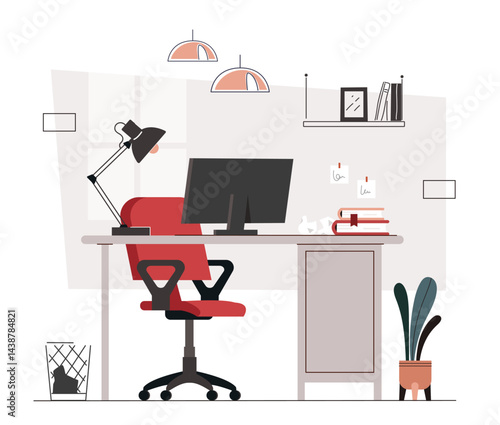 Comfortable home workplace. Table with computer and lamp, armchair. Empty workspace in house. Modern furniture interior. Place for freelancer. Flat vector illustration
