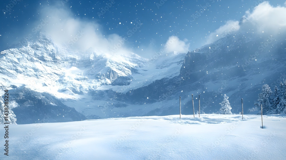 Fototapeta premium A breathtaking panoramic view of snow-covered mountains under a bright winter sky with light snowfall adding to the serene landscape.