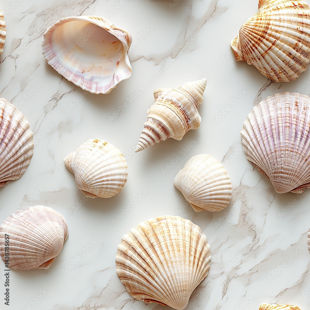 Sea Shells on a White Marble Top Seamless Pattern Texture Sea Shells on a White Marble Top Seamless Pattern Texture