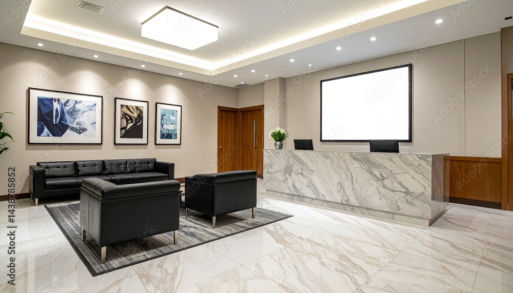 Modern office reception area with marble counter, black leather seating, and large blank screen. Modern office reception area with marble counter, black leather seating, and large blank screen.