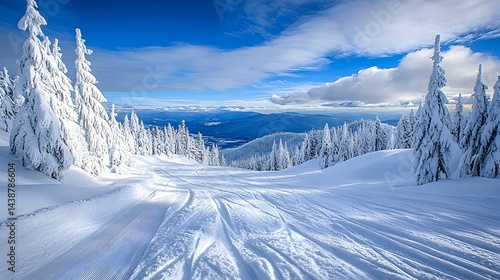 A pristine snowy mountain landscape with snow covered evergreen trees and a winding ski slope under a bright blue sky.