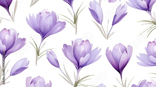 Elegant Seamless Pattern with Spring Violet Crocus Flowers for Backgrounds and Designs