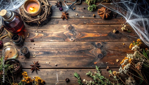 Dark wooden background with herbs, spices, candles, and a spiderweb, creating a mystical autumnal atmosphere.