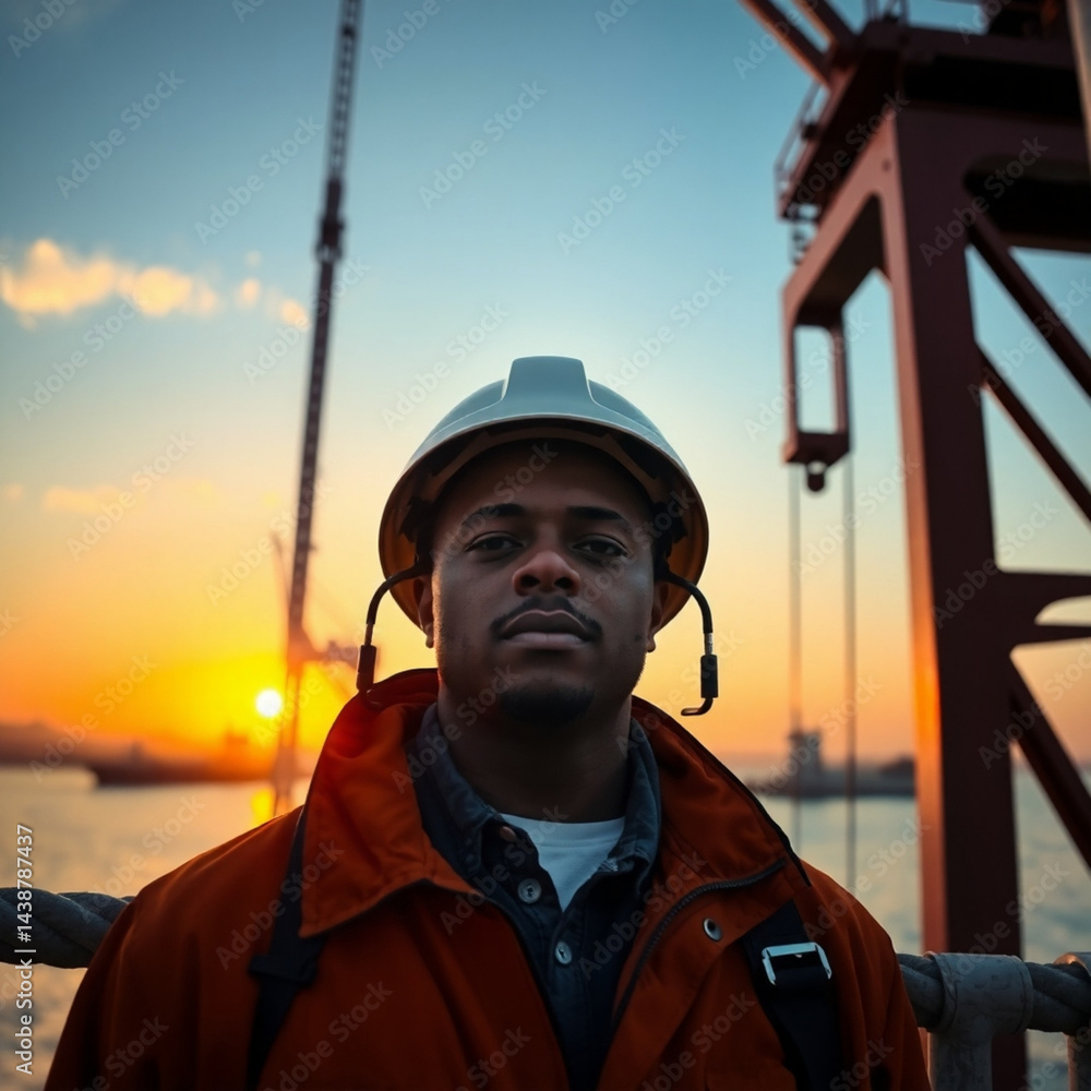Obraz premium Port of Durban crane operator at sunset, steel cables framing face, cinematic