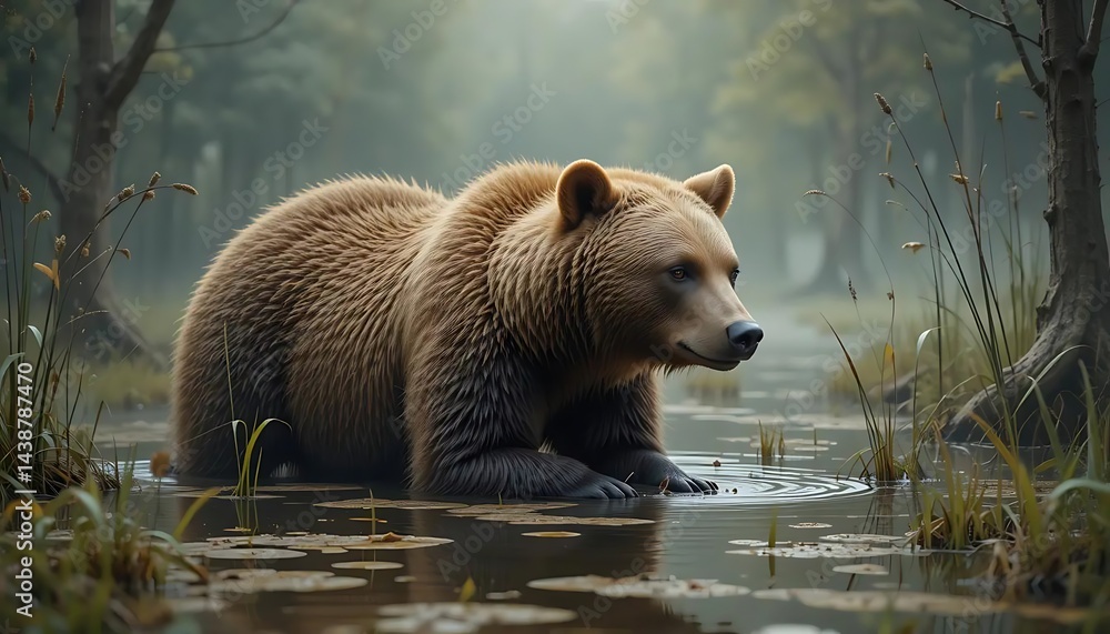 Obraz premium Brown Bear's Peaceful Wetland Haven: A Harmony of Wildlife and Nature's Bounty prey swamp water fauna