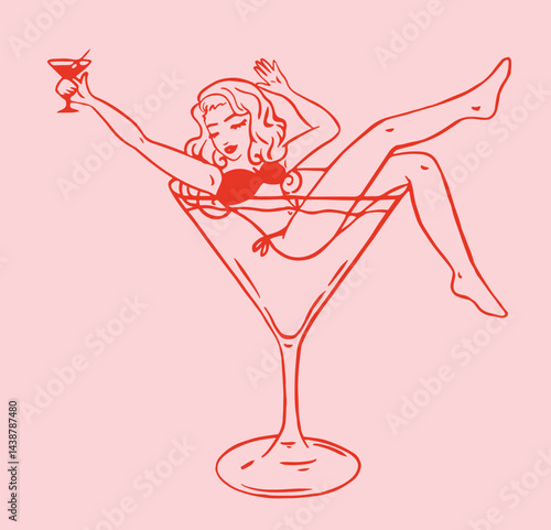 Cocktail girl whimsical illustration. Bachelorette party illustration.