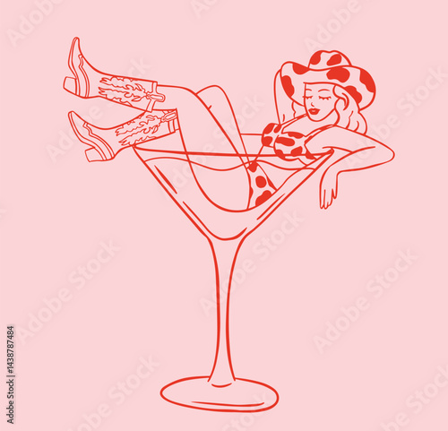 Cowgirl in cocktail illustration. Whimsical celebration icon.