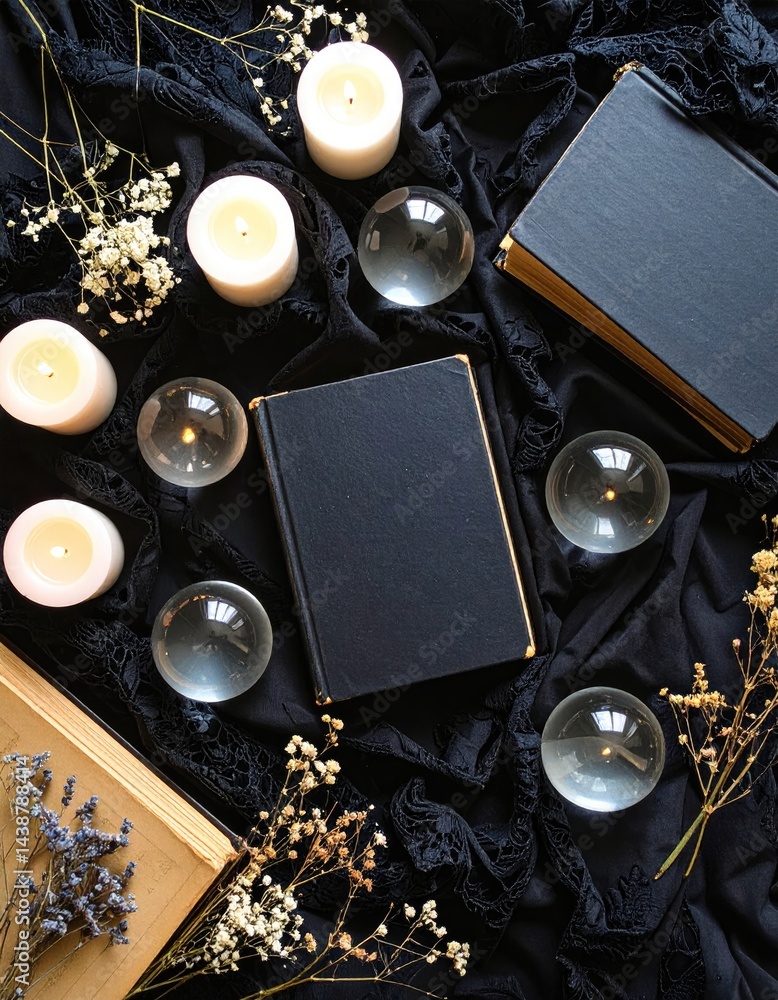 Dark background, old books, candles, crystal balls, and dried flowers create a mystical atmosphere. Dark background, old books, candles, crystal balls, and dried flowers create a mystical atmosphere.