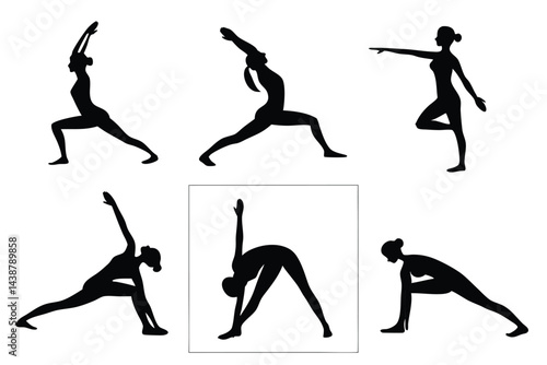 Silhouette collection of woman practicing yoga asanas for wellness and flexibility on isolated white background.
