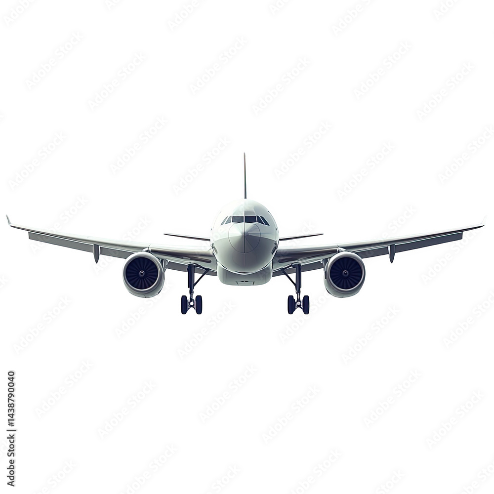 White airplane front view isolated on airliner jet aircraft travel on transparent background sky blue White airplane front view isolated on airliner jet aircraft travel on transparent background sky blue