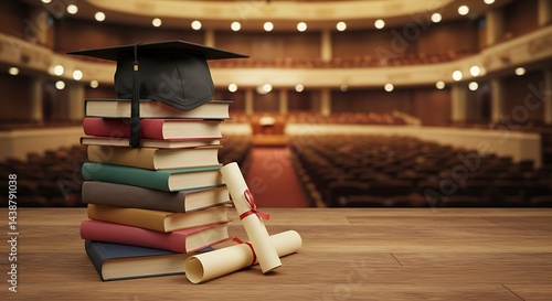 Graduation Stage: Books, Cap, Diploma, Success, Education, Knowledge, Achievement, Ceremony,        