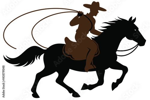 A running horse with cowboy and lasso silhouette vector, Cowboy with lasso in his hand on galloping horse vector symbol.