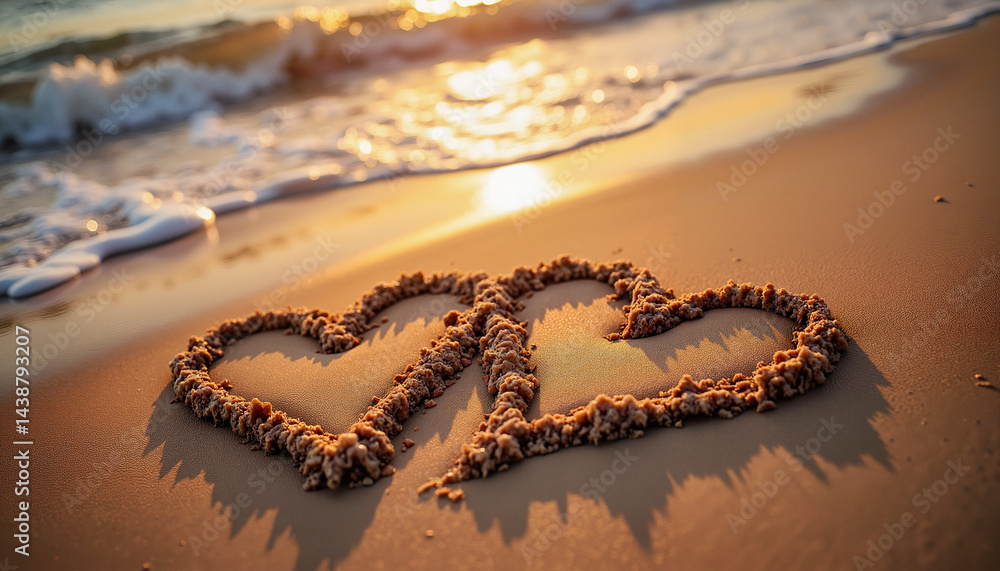 Sand hearts on beach at golden sunset