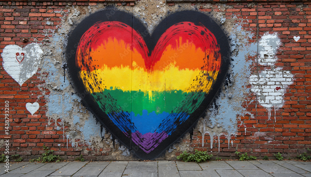 Rainbow heart graffiti on brick wall