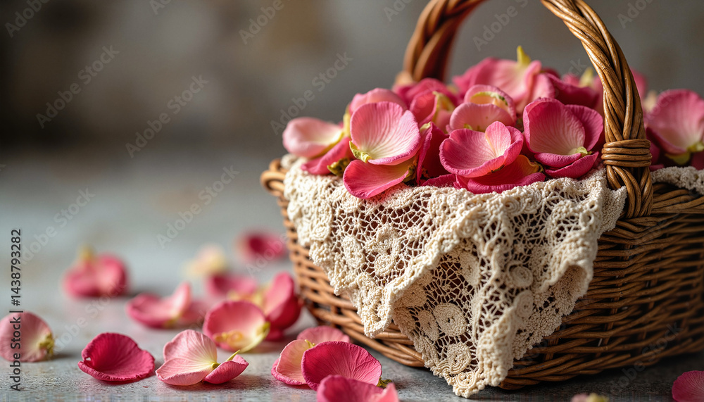Pink rose petals in wicker basket with lace cloth