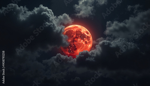 Obraz na płótnie Red blood moon glowing through dramatic dark clouds w salonie