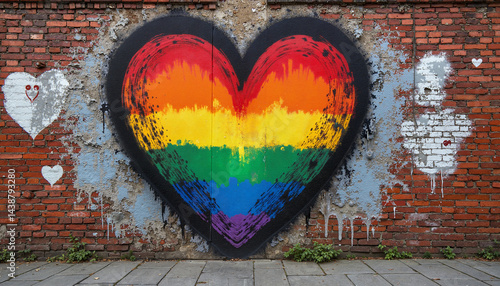 Obraz na płótnie Rainbow heart graffiti on brick wall w salonie