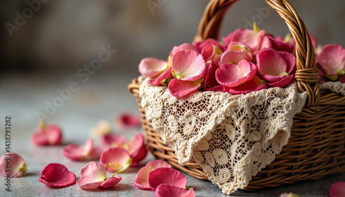 Pink rose petals in wicker basket with lace cloth