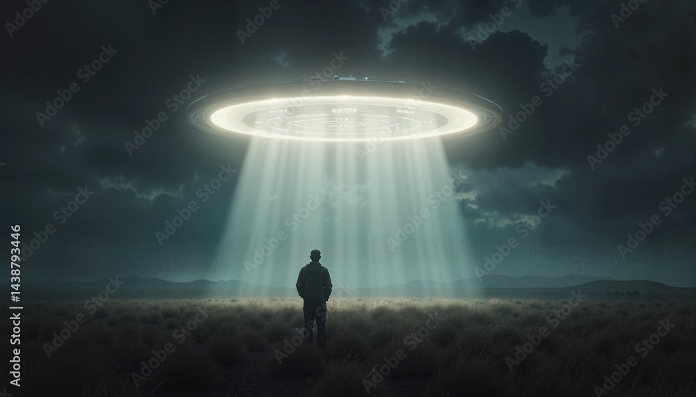 Silhouette watches UFO beam in night sky