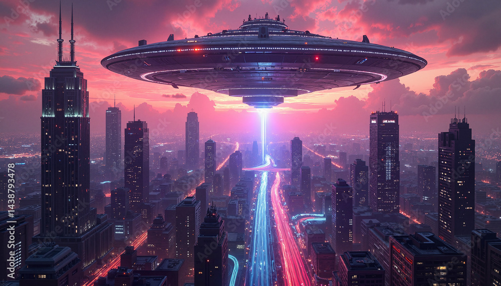 UFO hovering over futuristic city at sunset