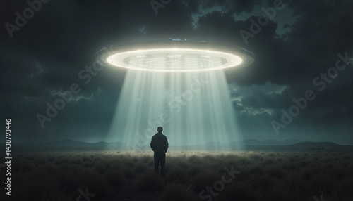 Obraz na płótnie Silhouette watches UFO beam in night sky w salonie