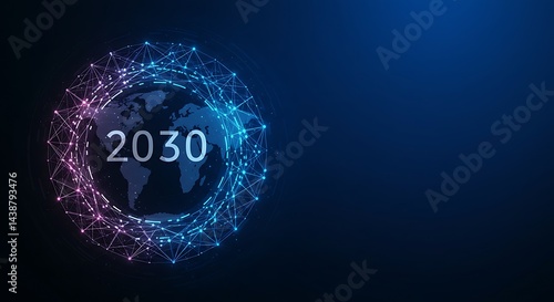 Global Network Connection: Futuristic Technology Vision. Abstract Dark Blue Background. Circle      
