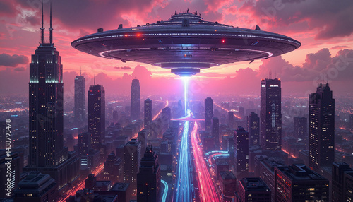 UFO hovering over futuristic city at sunset