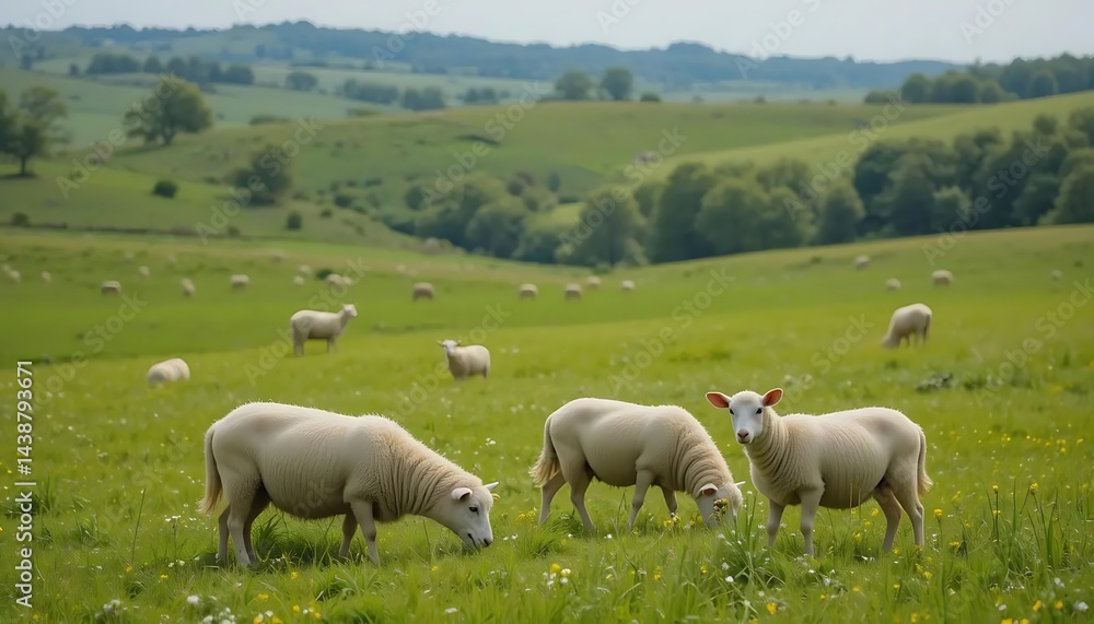Peaceful Sheep Grazing in Verdant Meadow: A Bucolic Rural Scene of Tranquility and Harmony with Peaceful Sheep Grazing in Verdant Meadow: A Bucolic Rural Scene of Tranquility and Harmony with