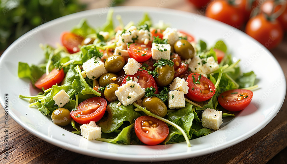 Fresh Greek salad with feta cheese and olives on white plate Fresh Greek salad with feta cheese and olives on white plate